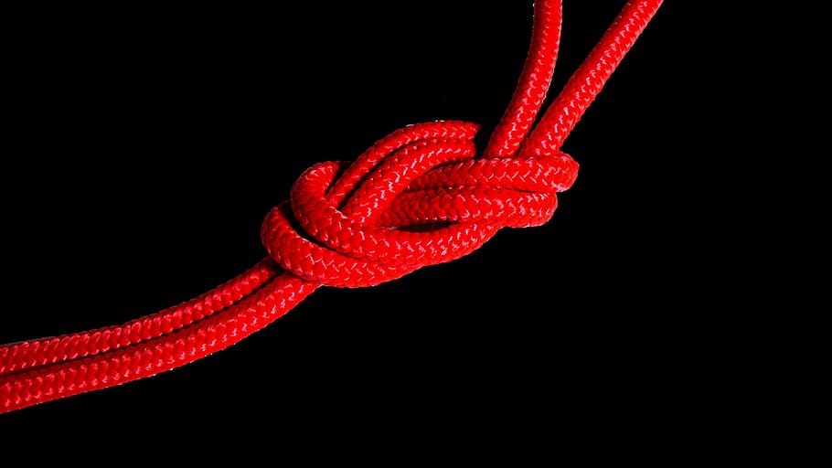 赤い糸, 結び目, 赤い結び目, 赤, ロープ, 露, 織り, 接続, 黒の背景, 人なし