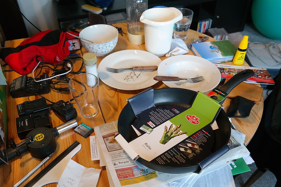assorted, plates, table, chaos, clutter, a mess, things, stuff, dining table, chaotic