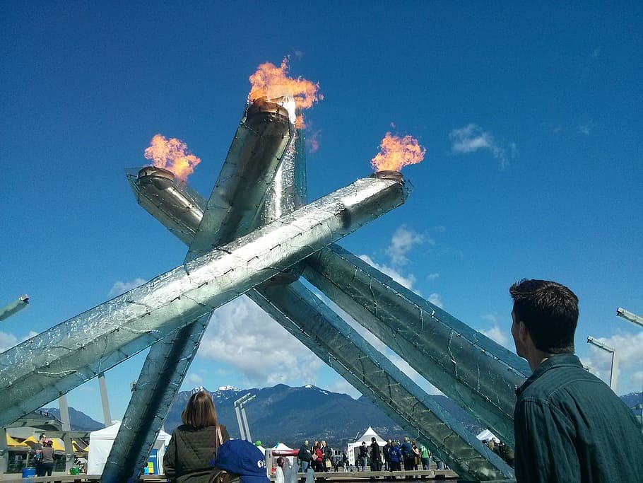 vancouver, canada, olympics, olympic torch, cauldron, flame, sky, real people, nature, men