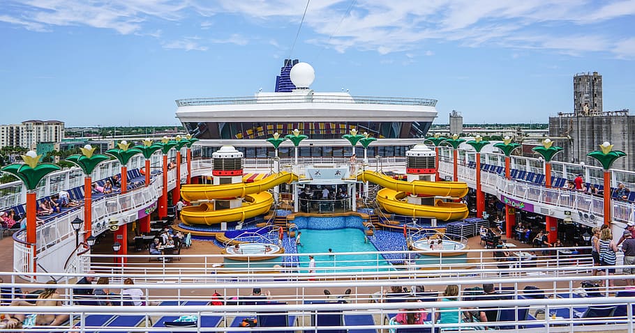 cruise ship, pool, slide, travel, water, boat, tourism, holiday, summer, vacation