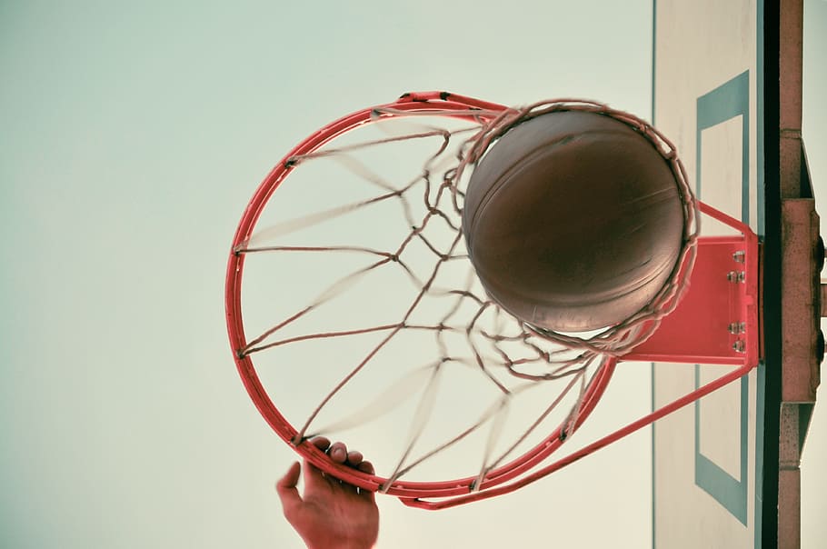 bajo, ángulo de fotografía, baloncesto, aro, canasta, slam dunk, pelota, deporte, juego, red