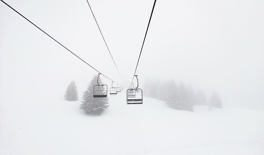 black, cable car, top, ice, covered, hill, snow, winter, white, cold