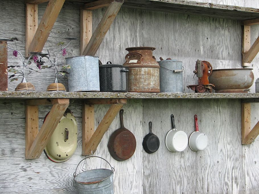 assorted-color cookware, hanged, shelf, rusty, rust, vintage, antique, retro, pots, pans