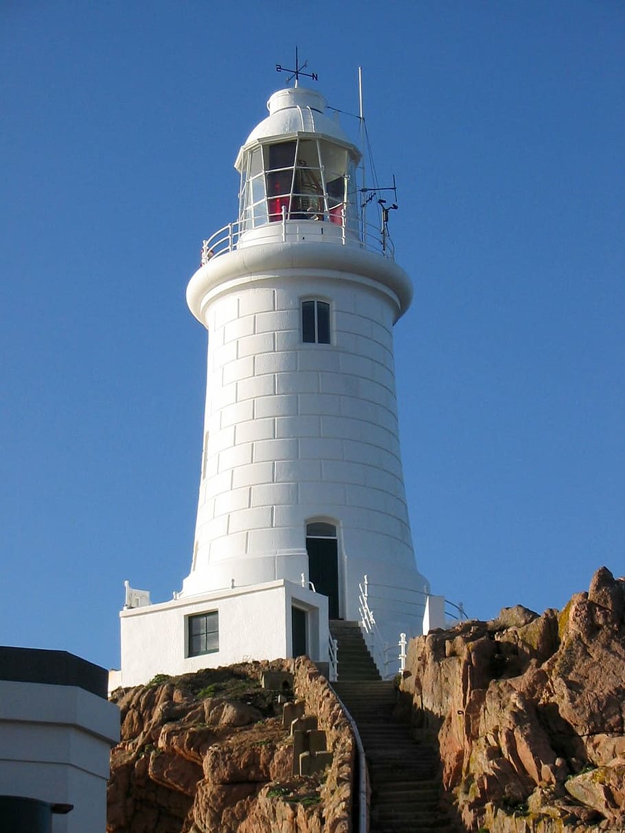 jersey, lighthouse, island, cliffs, channel, islands, coast, sky, tower, guidance