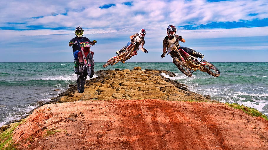 motocross, dirtbike's, motorcycles, travel, sky, sea, water, nature, multiple, whip