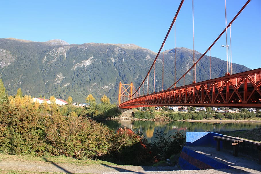 jembatan Presidente ibáñez, Chili, puerto aysén, ekstrim selatan, aisén, suspensi oranye, jembatan, jembatan - struktur buatan manusia, arsitektur, koneksi
