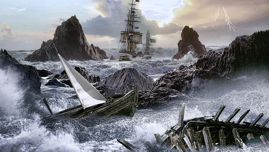 brown, galleon ship, sinking, daytime, boats, shipwrecks, wrecks, sea, rock, danger