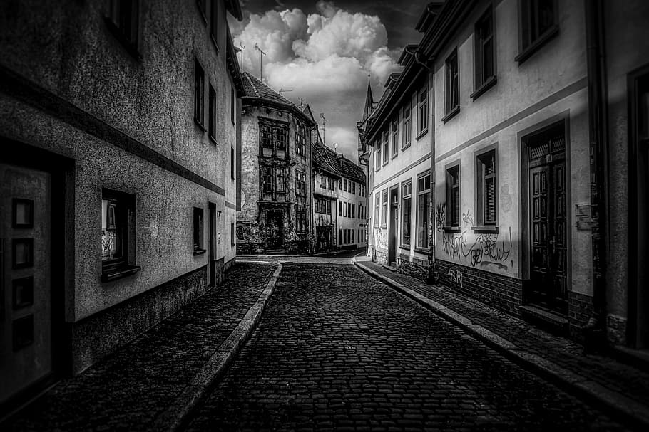 grayscale photo, street, concrete, structures, erfurt, black and white, hdr, road, germany, city