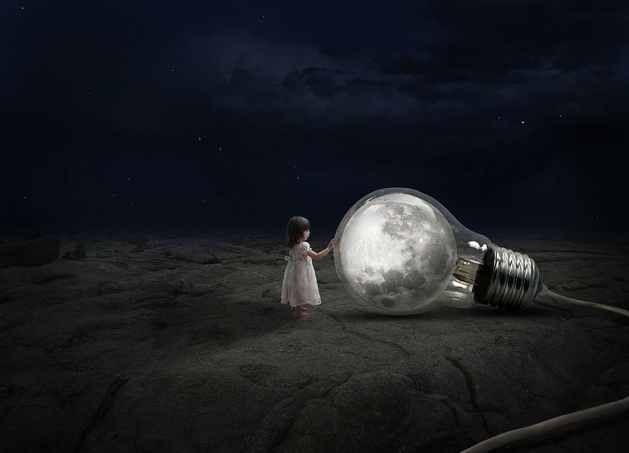 girl, touching, bulb, moon reflection, folk, light, sky, month, planet, panoramic