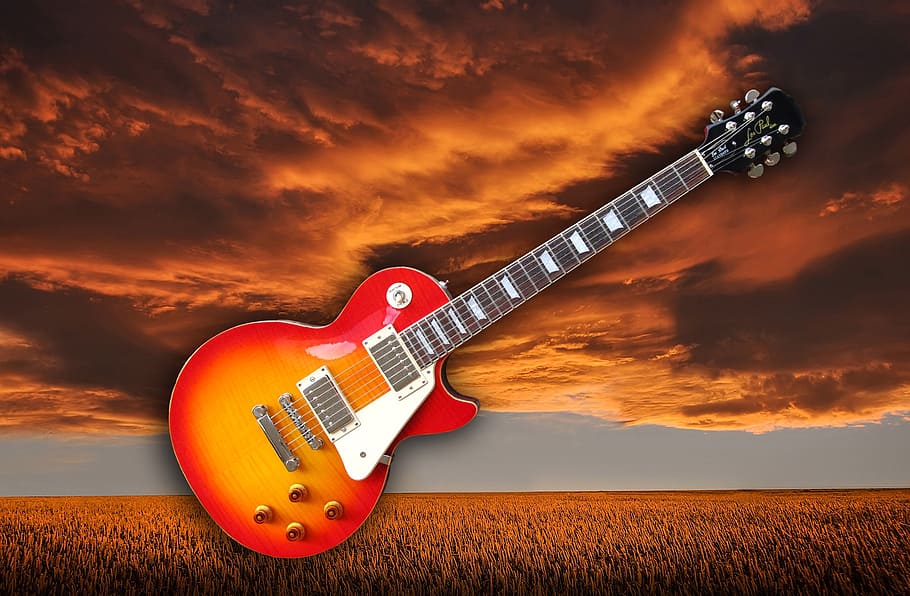 guitarra elétrica vermelha, guitarra e, guitarra, instrumento, instrumento musical, música, músico, Gibson, pára-choque, violão
