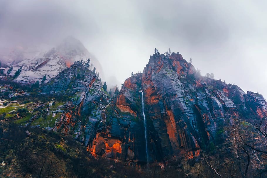grey, orange, rocky, mountain, zion national park, utah, mountains, mountainside, sunrise, dawn