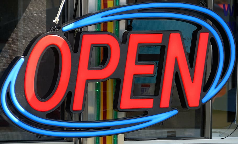 red, blue, open, neon light signboard, open sign, neon, bright, business, sign, symbol