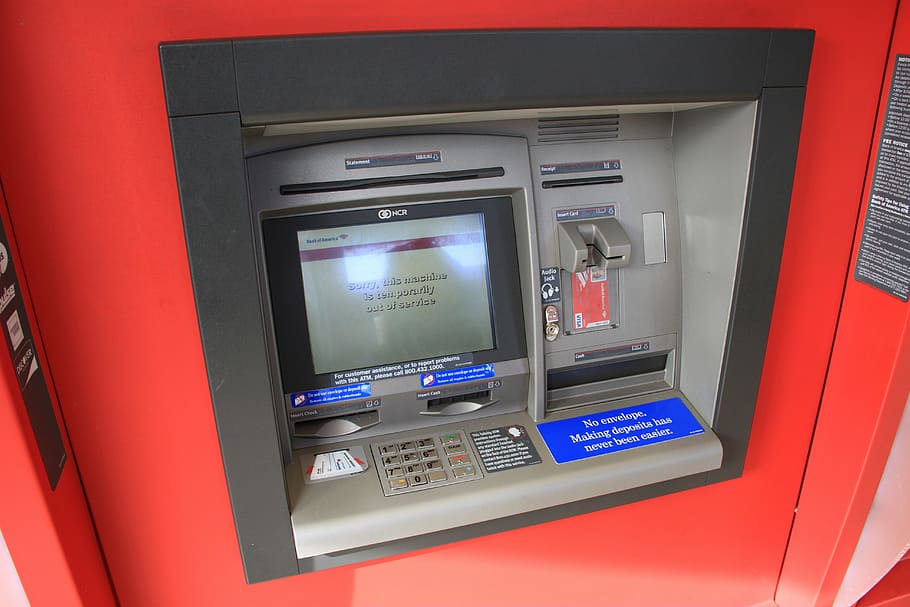 abu-abu, merah, mesin atm dihidupkan, atm, uang, kartu kredit, bank, mesin, terminal, kartu tunai