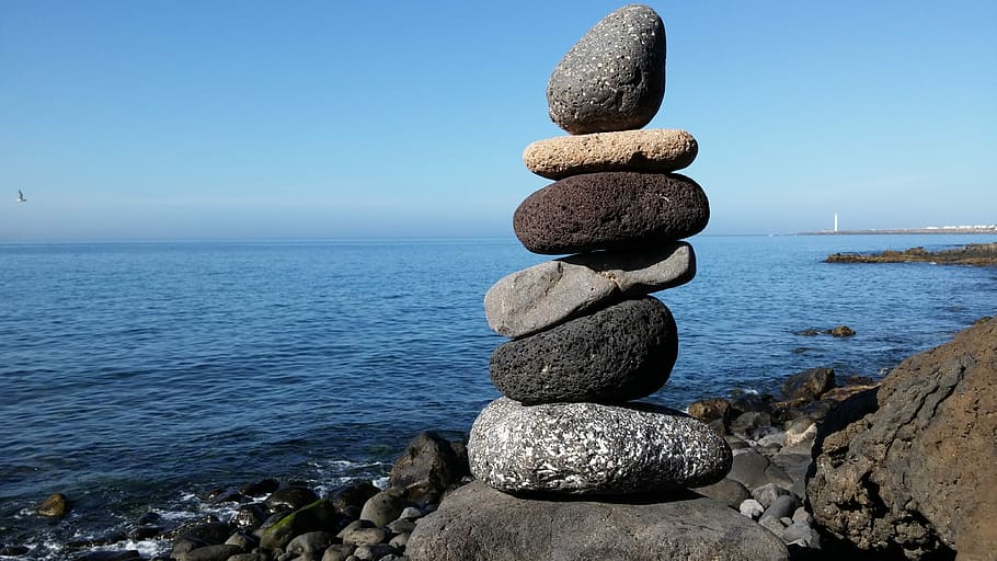 Zen, apilamiento, piedras, equilibrio, mojones, piedras apilables, mar, pila, roca, objeto