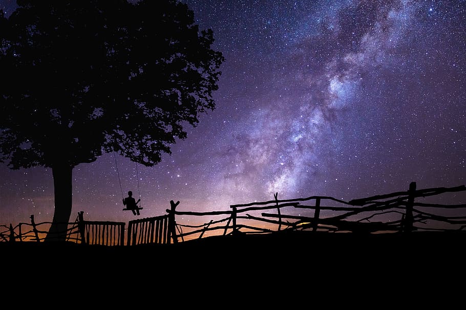 person, swing chair, tree, fence, photoshop, space, universe, sky, planet, star