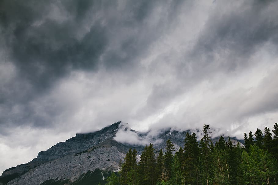 sky, storm, grey, clouds, cloudy, mountains, trees, forest, woods, nature
