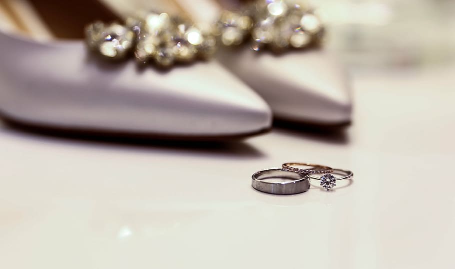 silver-colored ring, next, pair, silver shoes, shoe, ring, diamond, coupling, shoes, wedding ring