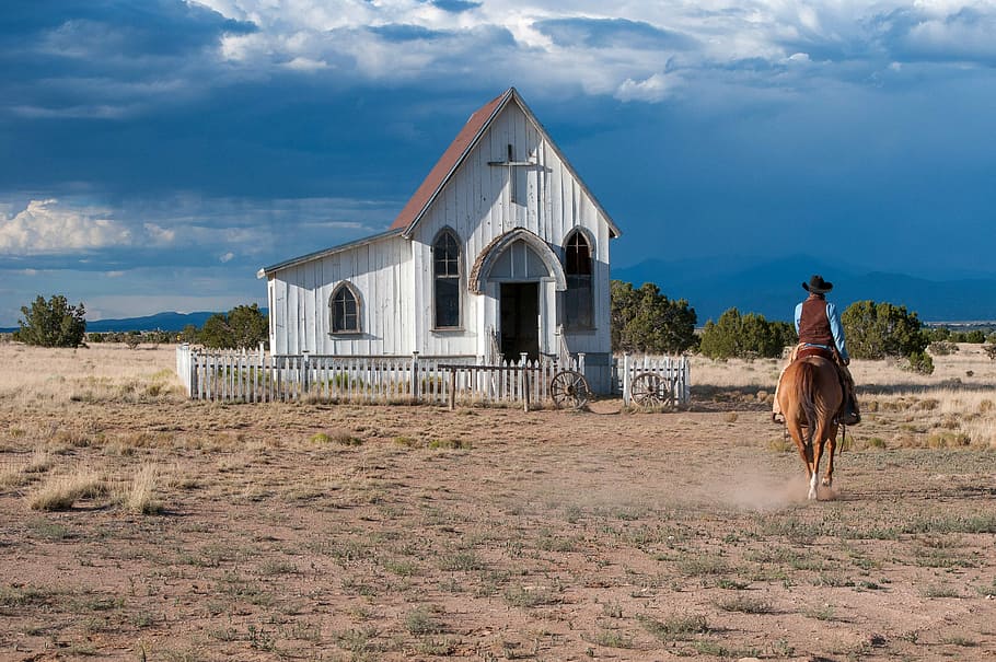 riding, horse, small, church, new, mexico, Women, riding horse, Santa Fe, New Mexico