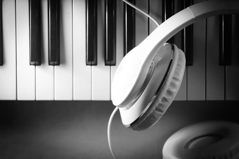 piano, keyboard, music, musical, instrument, classical, horizontal, orderliness, headphones, headset over piano keys