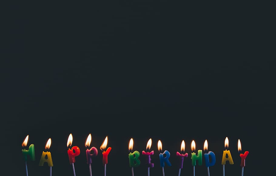 happy, birthday, lighted, candles, candlelights, celebration, colorful, colourful, flame, black background