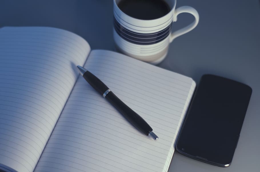 clear, black-lined, white, notebook, pen, coffee mug, in the workplace, office, coffee, work