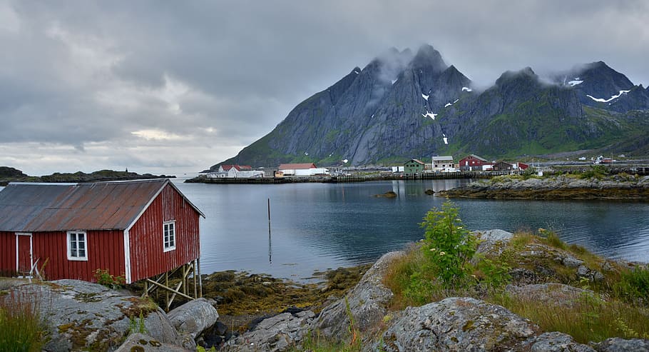 rojo, cabina, montaña, fondo, lofoten, montañas, mar, fiordo, noruega, paisaje