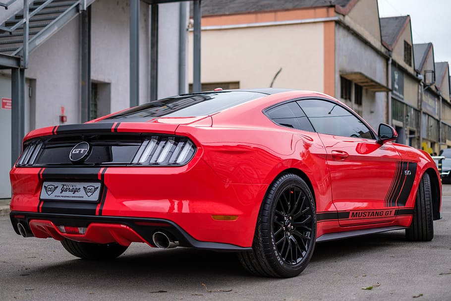 red, black, ford mustang gt, parked, white, gray, building, Mustang, Gt, Usa, Car