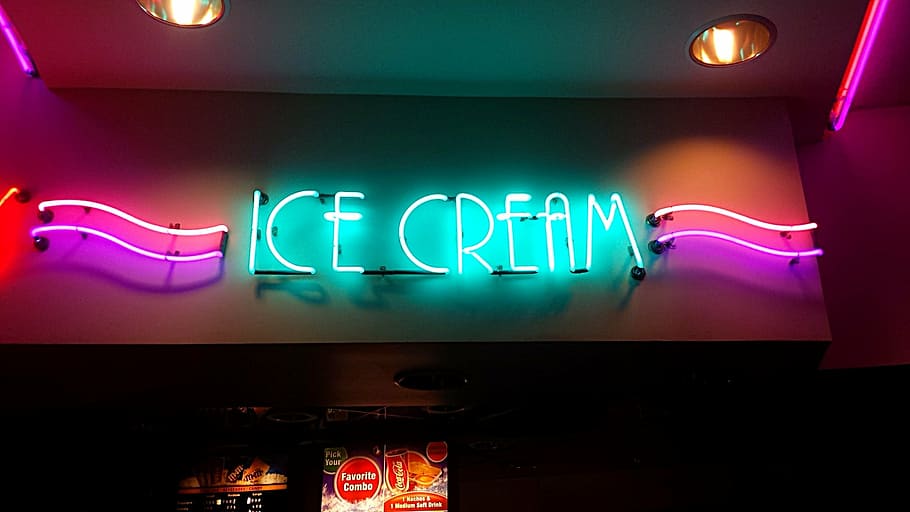 ice cream neon signage, ice cream, advert, announcement, advertisement, notice, sign, advertising, board, business