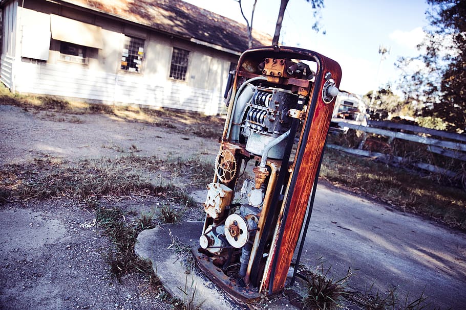 bomba de gasolina, vintage, gasolina, bomba, garagem, combustível, velho, enferrujado, quebrado, abandonado