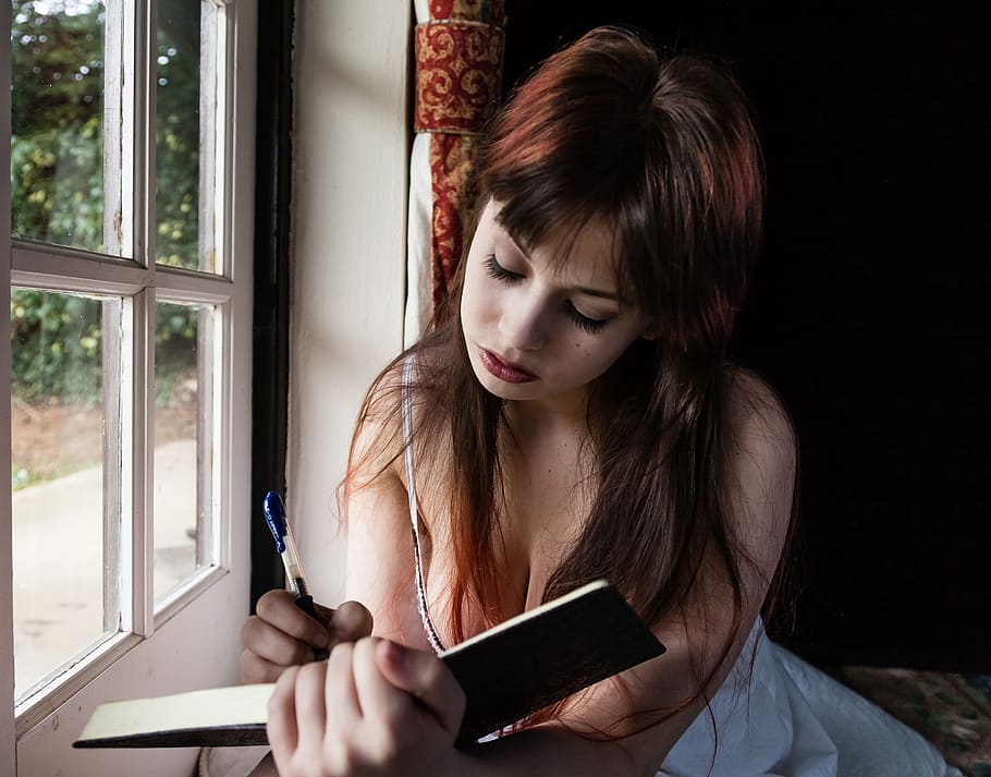 woman, writing, open, book, front, white, window, sad woman, diary, female