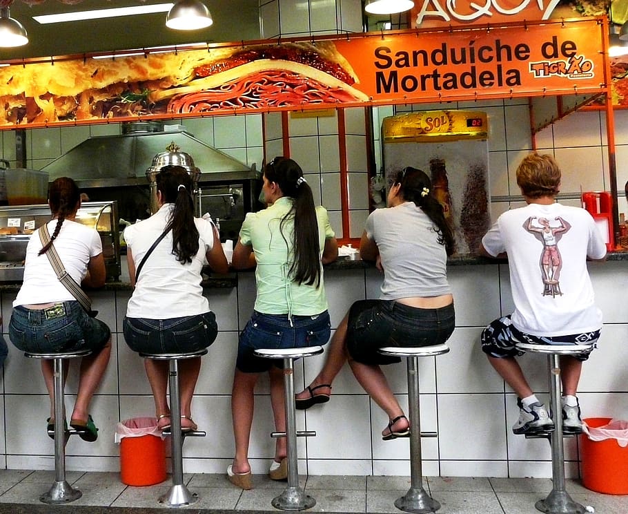bar, sandwich, backs, stool, women, text, real people, group of people, communication, casual clothing