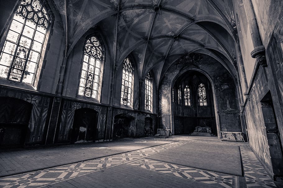building, interior, grayscale photography, grayscale, photography, church, chapel, inside, architecture, old building