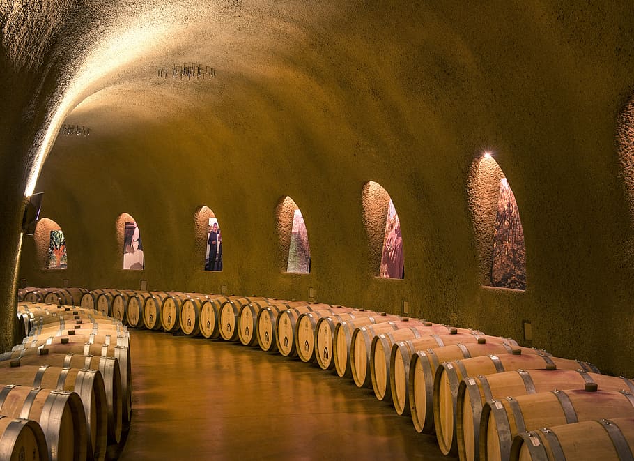 brown, wooden, barrel lot, wine cellars, caves, tunnel, parabolic, barrels, casks, arched alcoves
