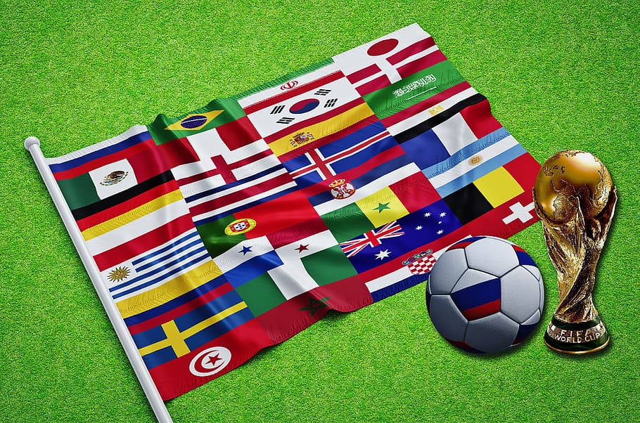 assorted, flags, soccer ball, trophy, russia, russian, world cup, 2018, world, fifa