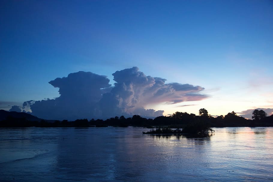 laos, matahari terbenam, sungai mekong, biru, di malam hari, alam, asia, thailand, pemandangan, langit
