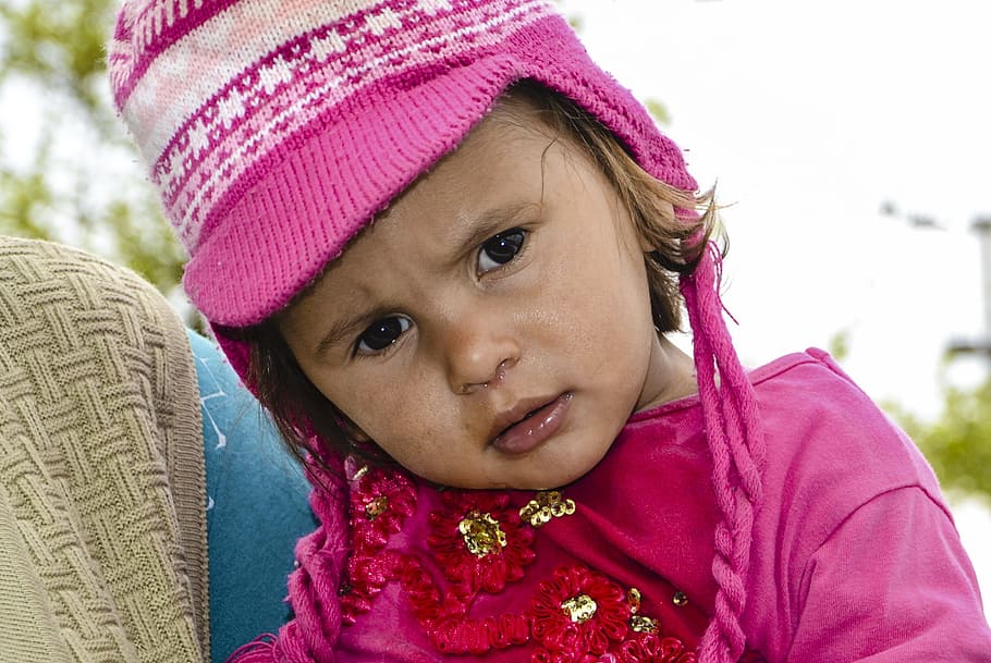 girl, wearing, knit, cap, pink, top, baby, child, love, the innocence