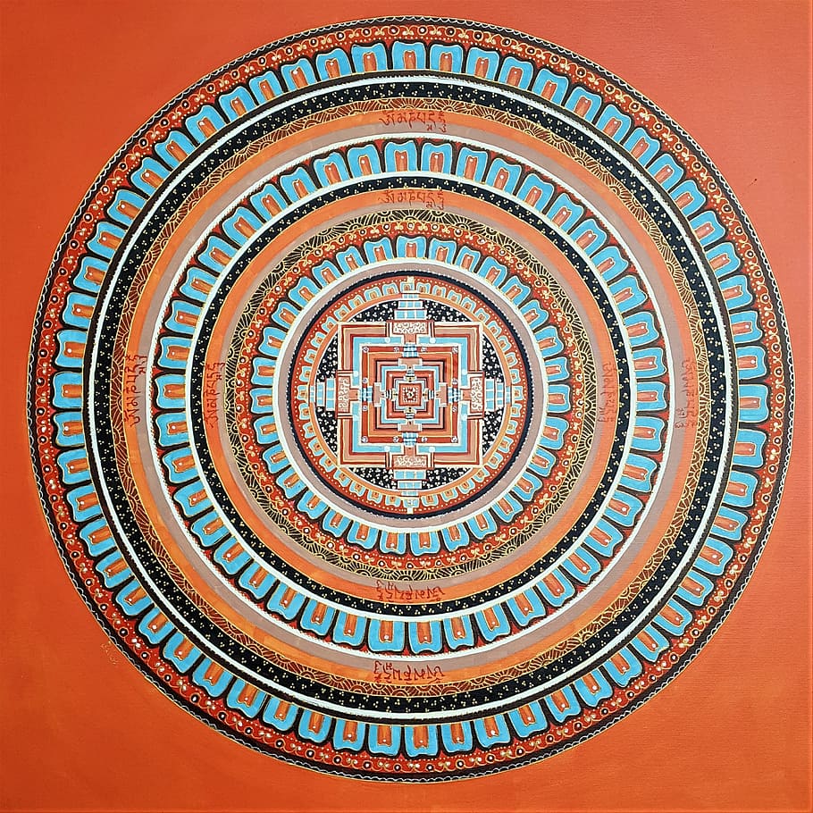 azul, naranja, pintura mandala, mandala, arte, pintura, acrílico, círculo, el kalachakra, tibetano
