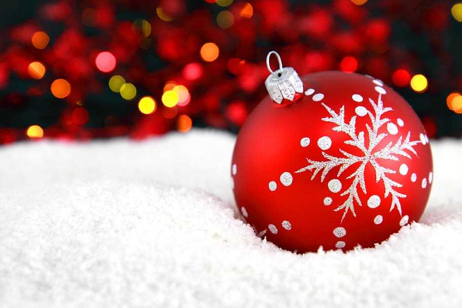 selective, red, white, christmas bauble, baubles, snow, ball, bauble, celebration, christmas