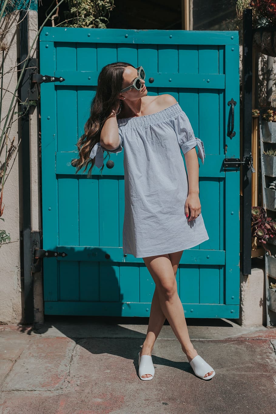 woman, standing, blue, wooden, door, people, girl, alone, fashion, clothing