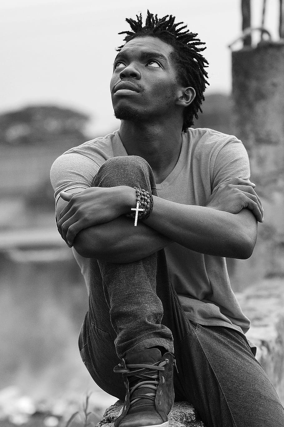 grayscale photo, man, sitting, concrete, surface, Uganda, Soul Search, people of uganda, thinking, thoughts