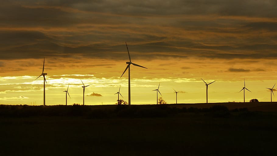 silhueta, turbinas eólicas, Pôr do sol, vento, turbina, nuvens, dourado, hora, moinho de vento, estrutura