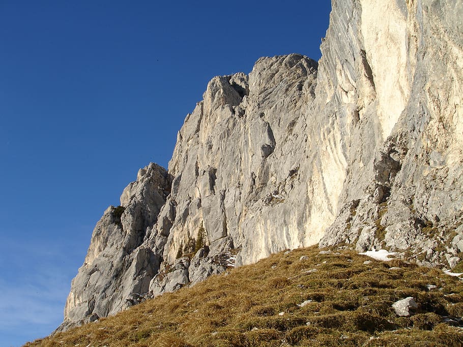 red flüh, steep wall, rock wall, alpine, mountains, hochwiesler, tyrol, tannheimertal, sky, low angle view