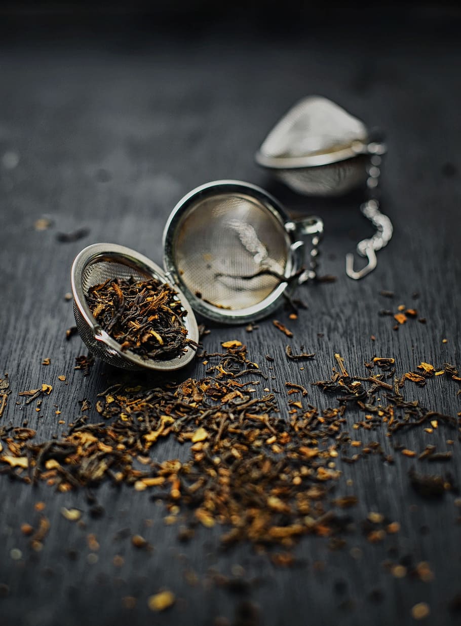 round silver-colored filter, blur, close-up, dark, dry, focus, herb, perfume, spice, still life
