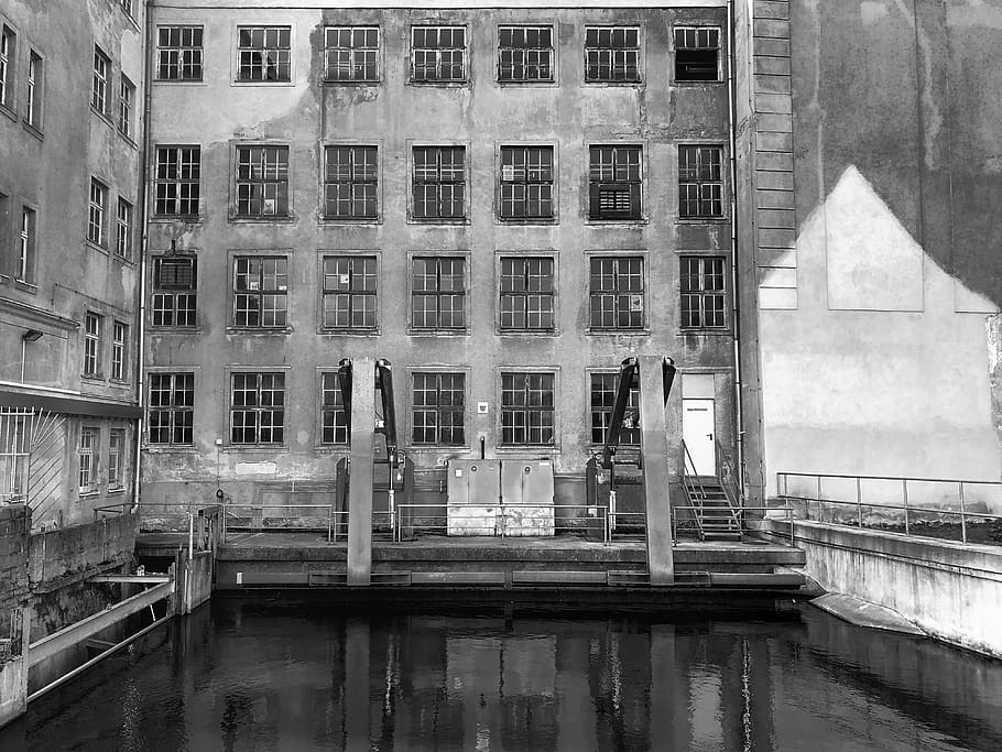 architecture, water, reflection, street, monochrome, concentration camp, europe, building, urban, city