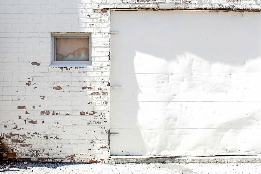white, painted, wall, garage door, architecture, old, building, wall - Building Feature, window, building Exterior