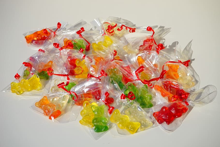Gummi Bears, Packed, Sachets, mitbringsel, cellophane, fruit gums, bear, sweetness, colorful, color