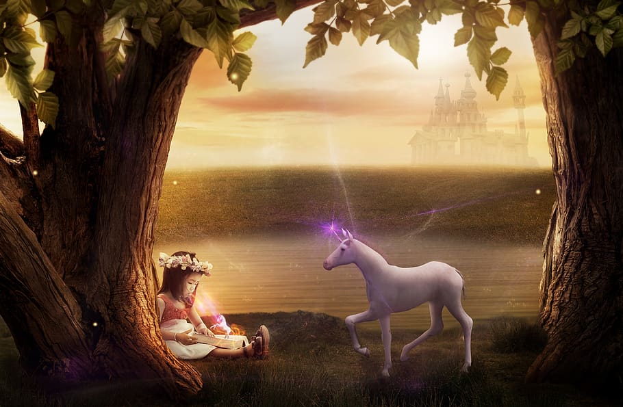 gambar latar belakang, fantasi, mitos, gadis, unicorn, sihir, legenda, cahaya ajaib, Kastil, pohon