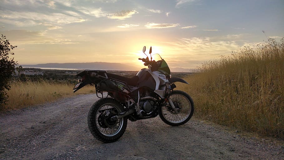 motocicleta, kawasaki, klr 650, esporte duplo, enduro, aventura, céu, transporte, pôr do sol, nuvem - céu
