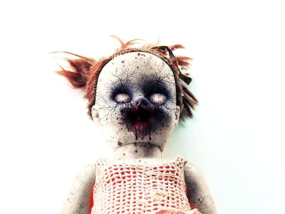 boneka gadis rusak, boneka, mainan, zombie, horor, mati, halloween, seram, jahat, takut