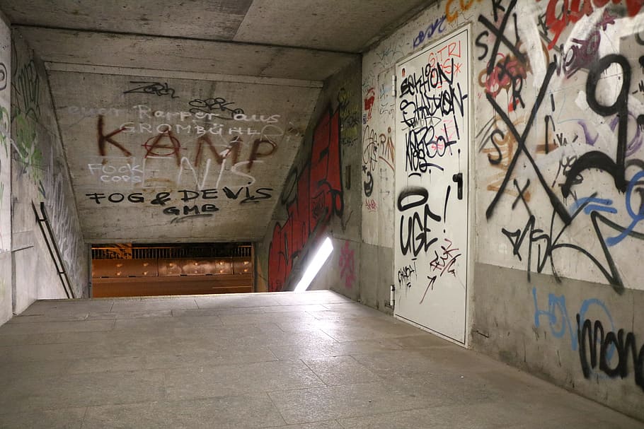 graffiti, staircase finish, lights, tunnel, weird, underpass, light, away, tube, vault